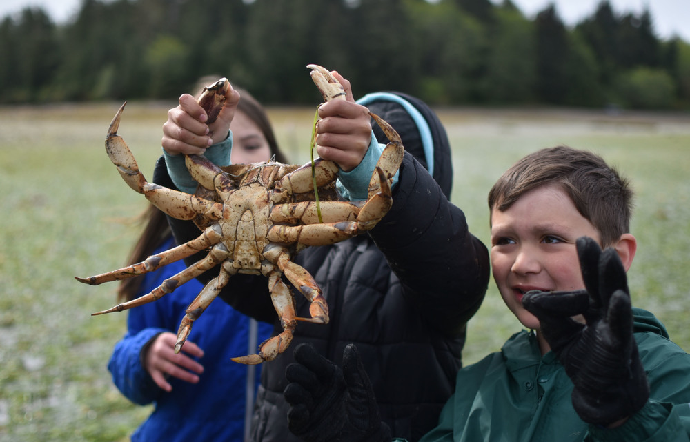 students holding a large crab and another giving the okay symbol
