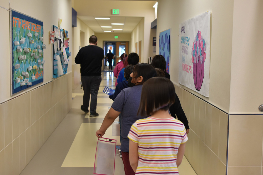 Students walking down the hall looking for places to hang flyers for charities they researched