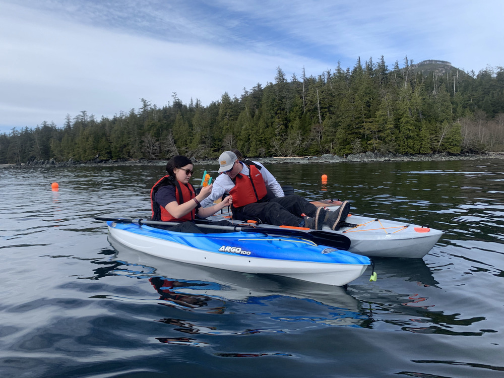 student and teacher on kayaks checking water depth at the kelp farm