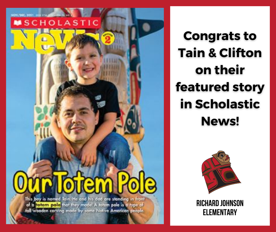 Tain & Clifton in front of the Totem Pole they created on the cover of Scholastic News
