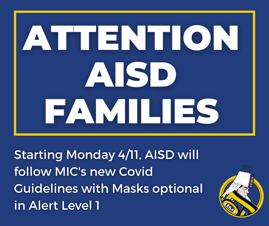 Graphic with AISD logo of a man in regalia and: attention AISD families... text in posting. 