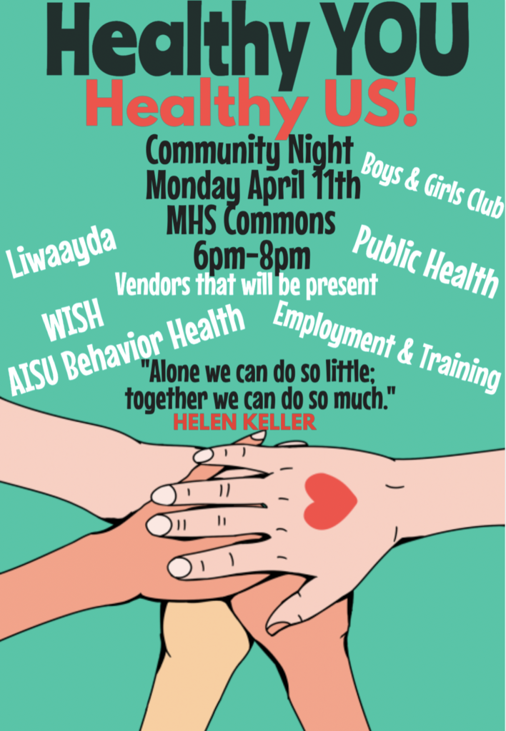 Health YOU, Healthy US!  Community Night Monday April 11th MHS Commons 6-8pm!  Graphic with hands stacking and a heart on top