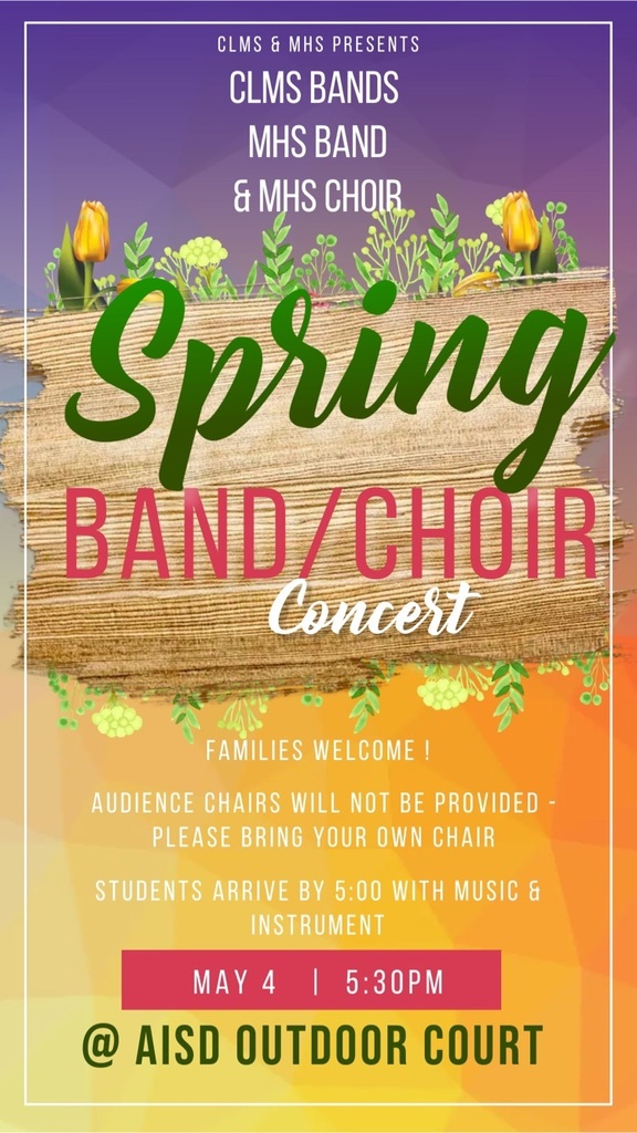 poster of spring concert for CLMS & MHS. info in text