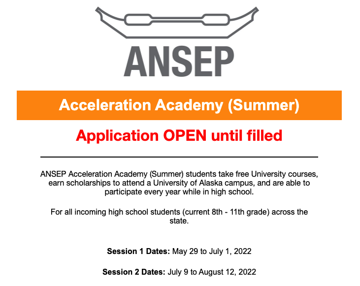 graphic with ANSEP Acceleration Academy (Summer) Program information. Details in post.