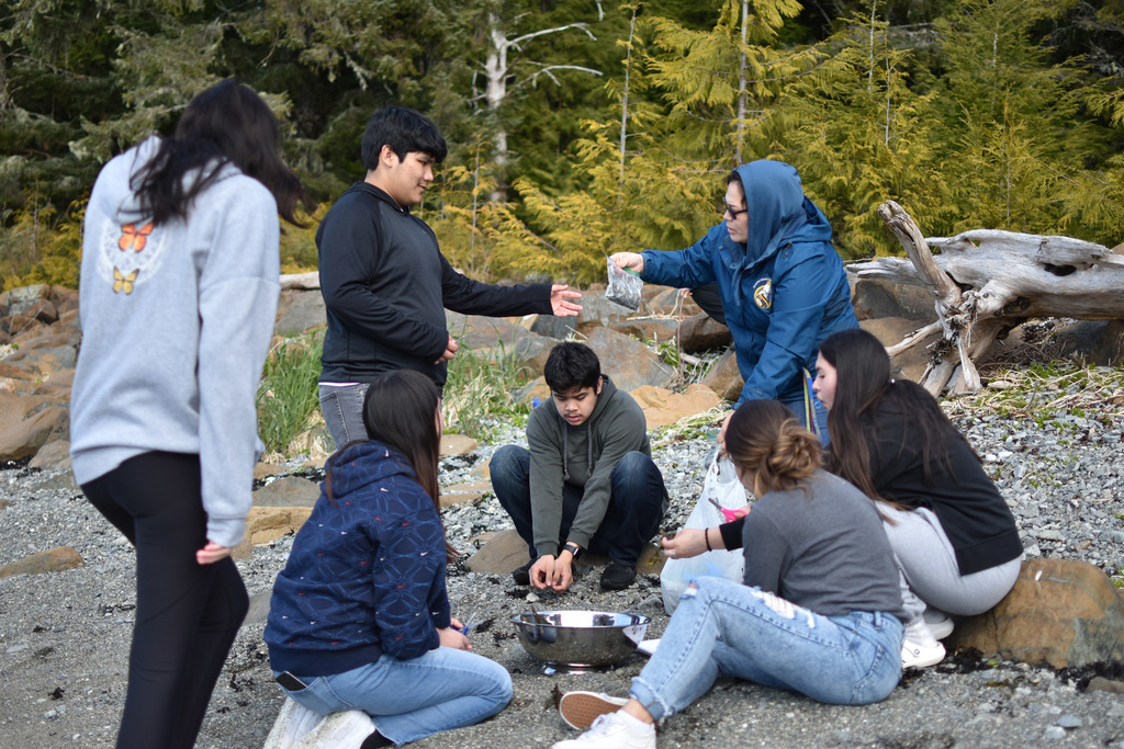 students and teacher at the beach gathering algae