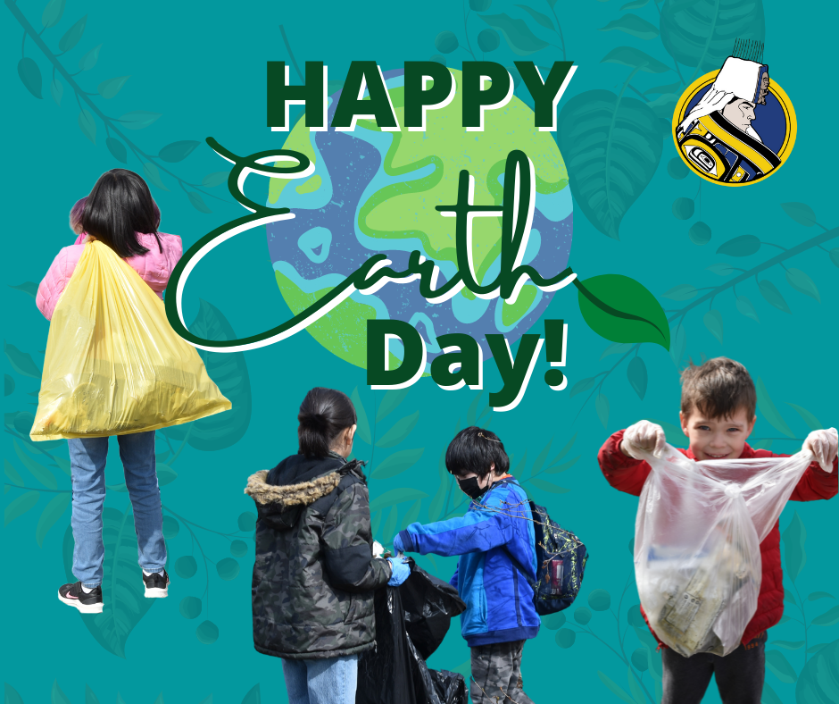 graphic with happy earth day, aisd logo of a man in regal
