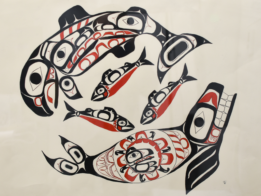 native artwork with a seal, salmon, and herring