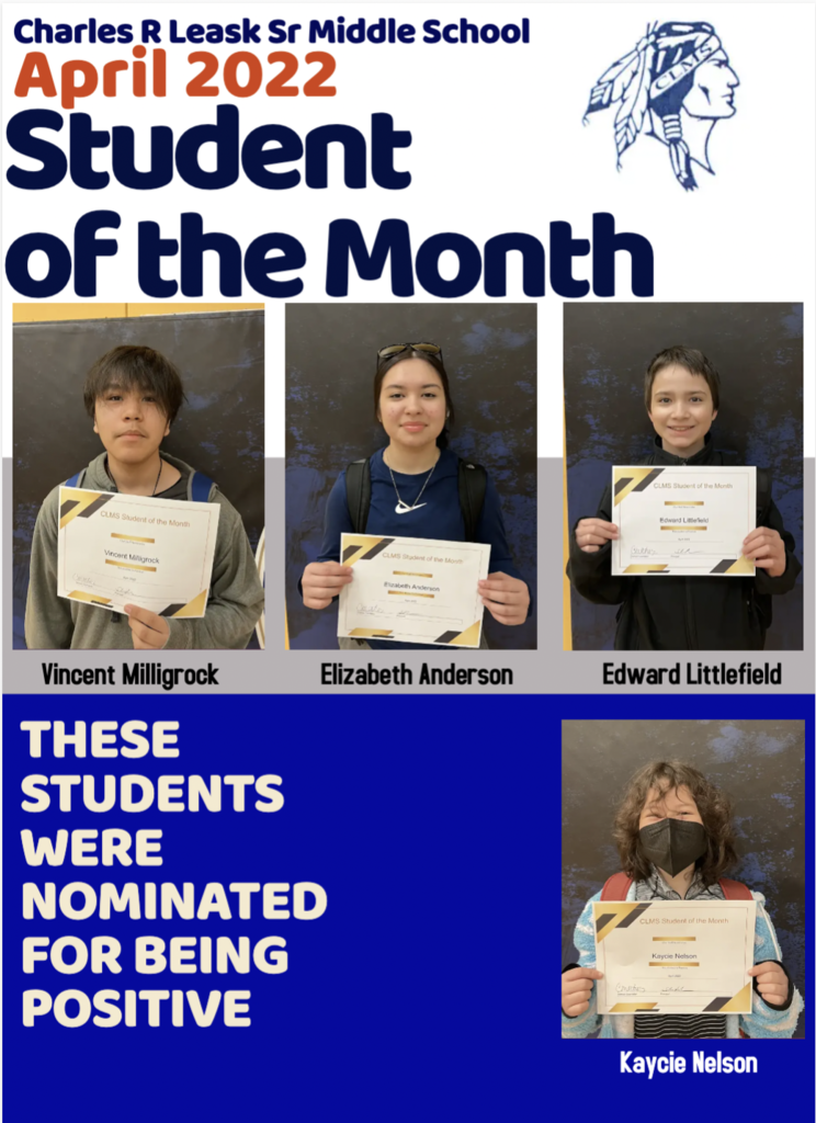 April 2022 CLMS Student of the month graphic with 4 students holding up awards.  Details in post