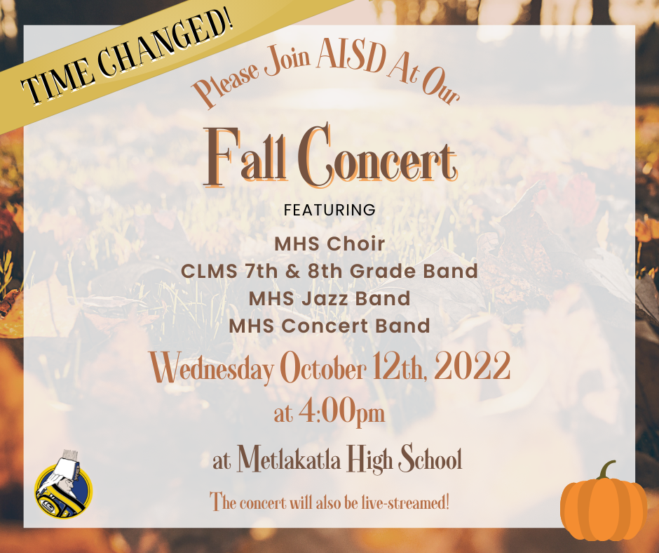 graphic with fall concert information, leaves and pumpkins and aisd logo of man in regalia.  banner with Time Changed