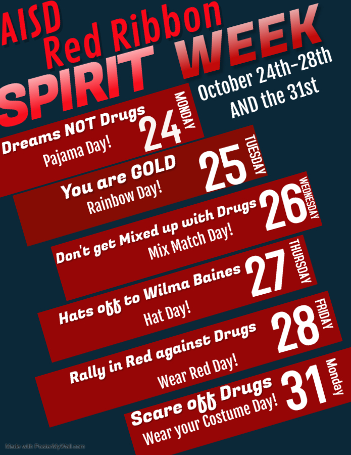 graphic with AISD Red Ribbon Spirit Week October 24th-28th and the 31st!