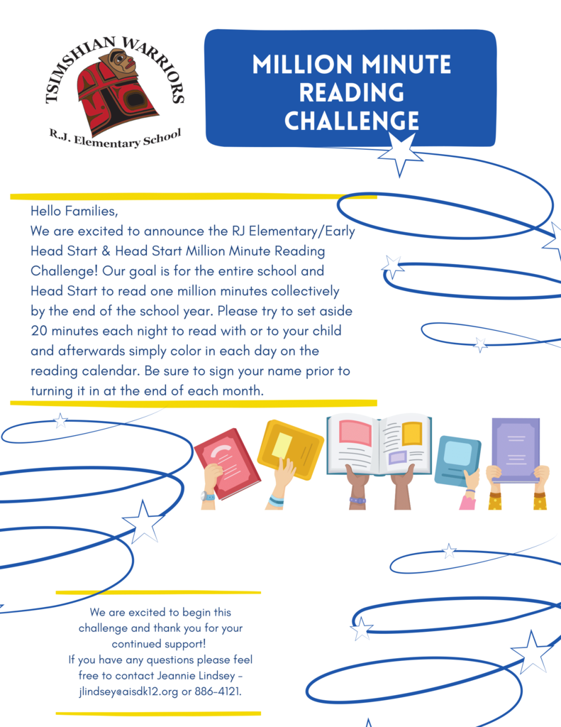 graphic with books, swirls, and information about RJES Million Minute Reading Challenge.  All details in post.