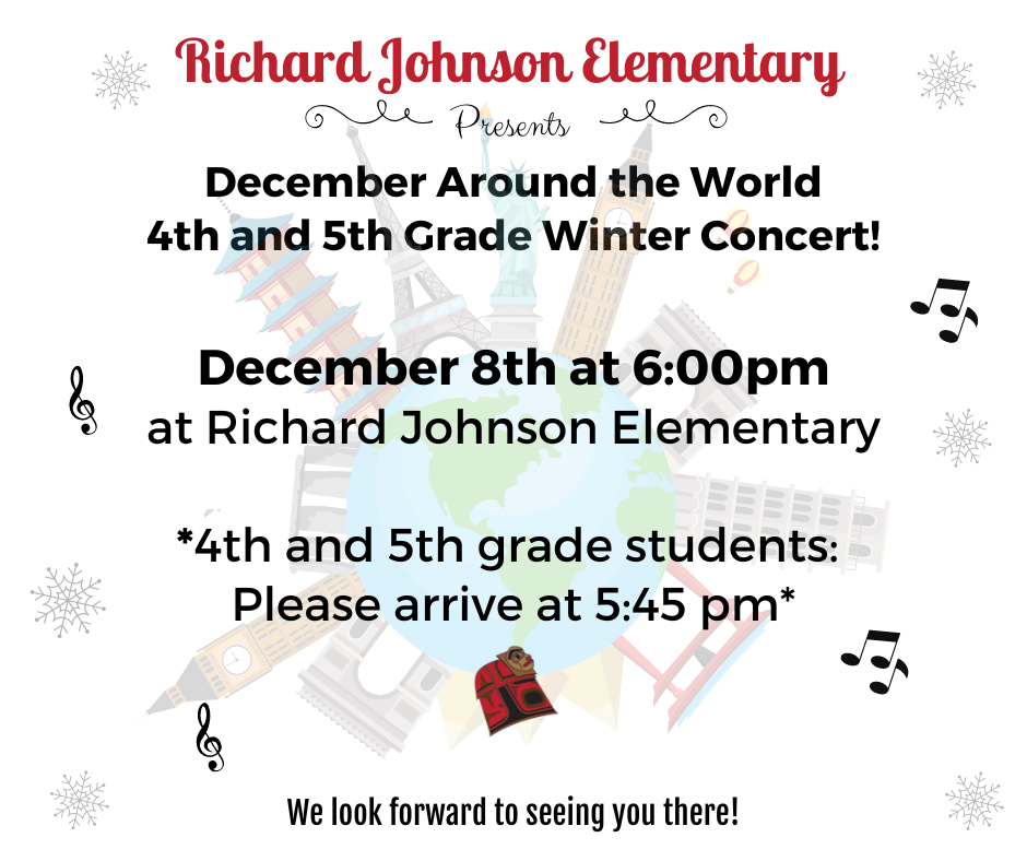 graphic with December around the World concert information. Details in post. Snowflakes, music notes, and globe with buildings from around the world are included.