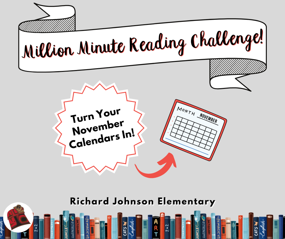 graphic with banner million minute reading challenge, turn your november caendars in with calendar image, and books with RJES logo of copper shield
