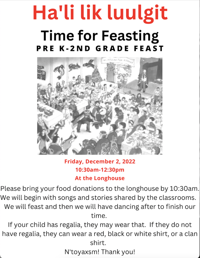 graphic with picture of feast with information about Pre-K through 2nd grade feast on Friday 12/2