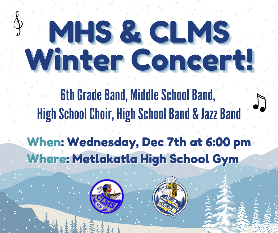 mhs & clms winter concert graphic with snow, mountains and trees, music notes and logos of men in regalia. details in post