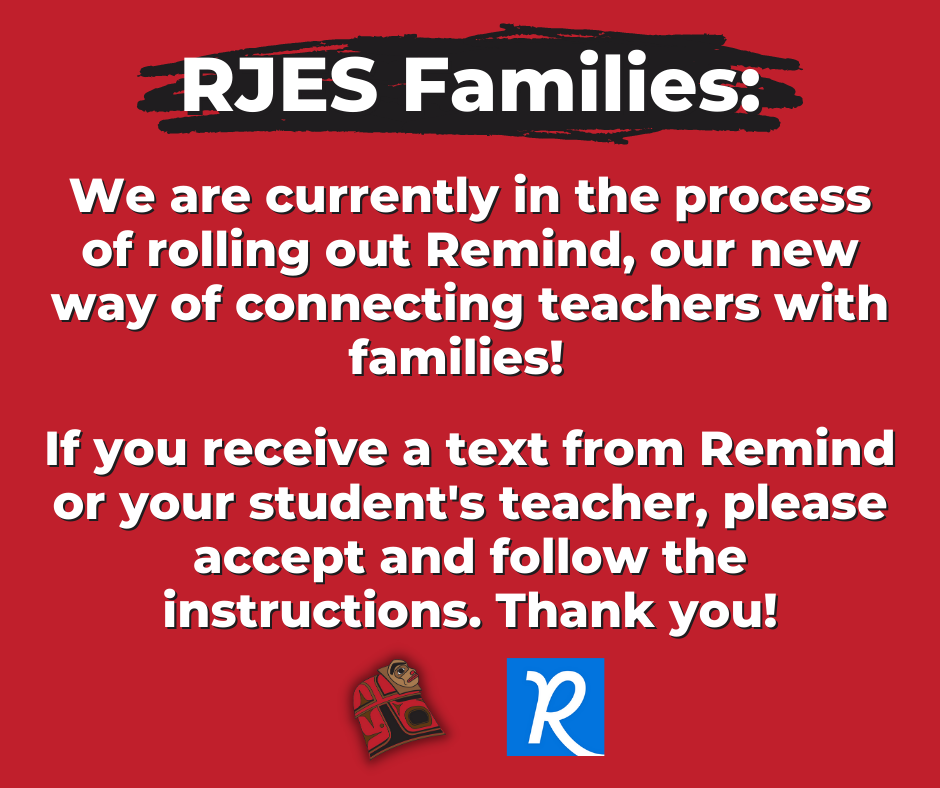 graphic with information about Remind Rollout for RJES.  RJ logo of copper shield and Remind logo of an R. Details in text.