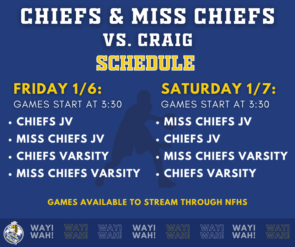 Graphic with basketball player, Chiefs & Miss Chiefs vs. craig schedule.  Details in post.