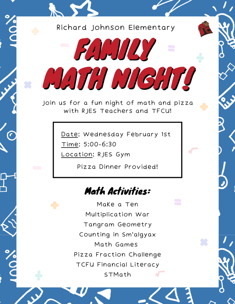 flyer for family math night.  Math symbols and RJES logo of copper shield.  Details in post.