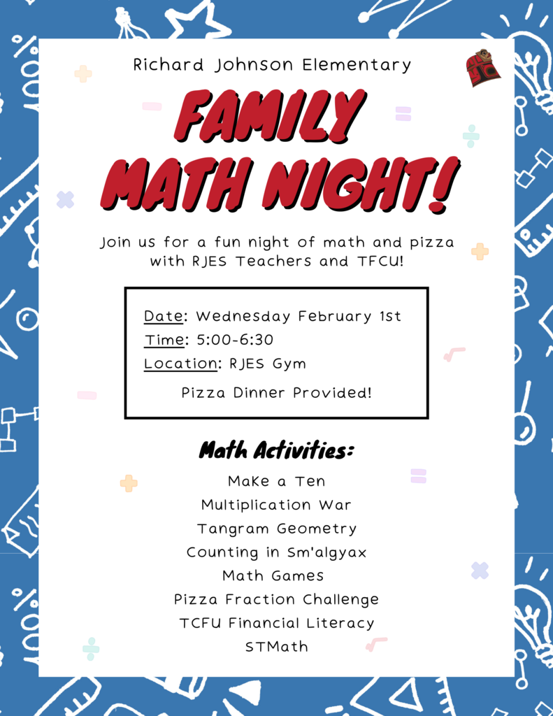 family math night flyer with math symbols, rjes logo of copper shield. Details in post.