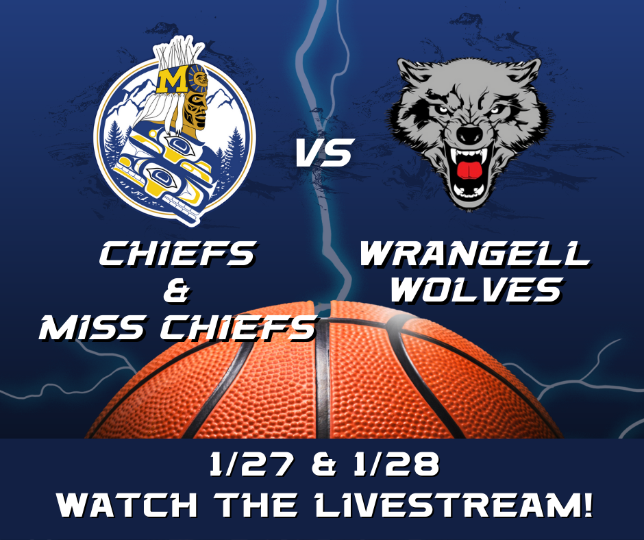 graphic with Chiefs logo of man in regalia, wolf, basketball and lightning. Details of post in text.