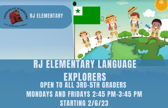 graphic with kids walking on globe with explorer clothes on, flag.  Information about Language Explorers Club details in post