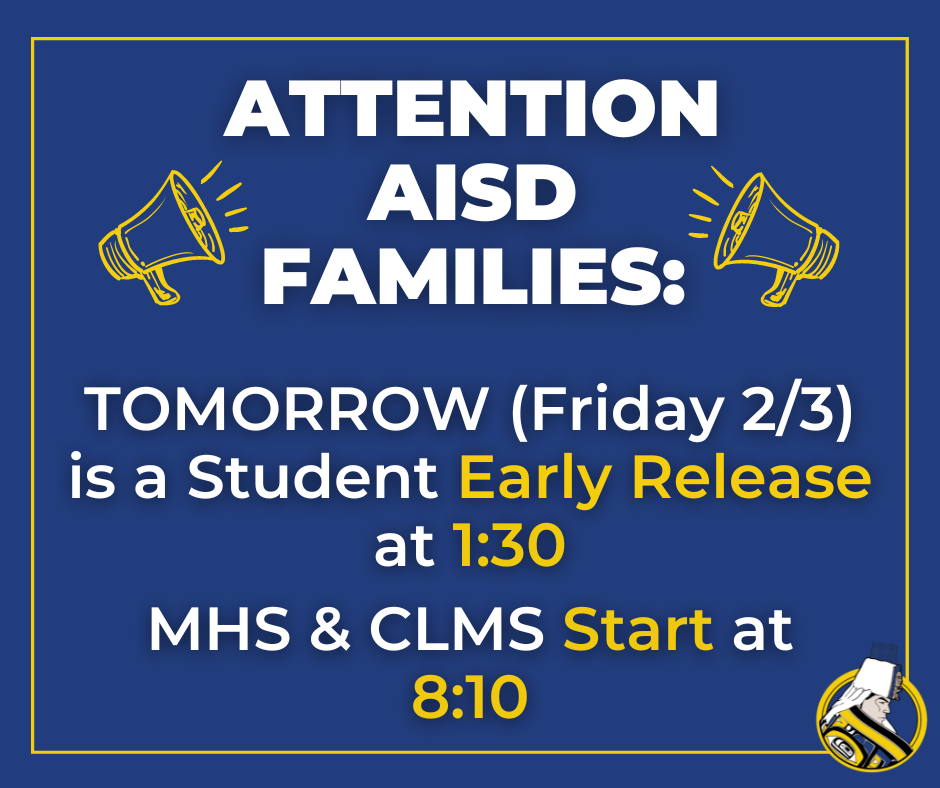 graphic with megaphones and aisd logo of man in regalia. Details in post