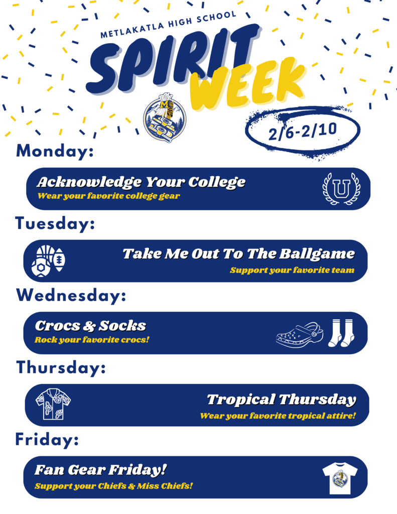 flyer with Spirit Week days, confetti, and icons of college, sports, crocs and socks, Hawaiian shirt, and tshirt. Details in post