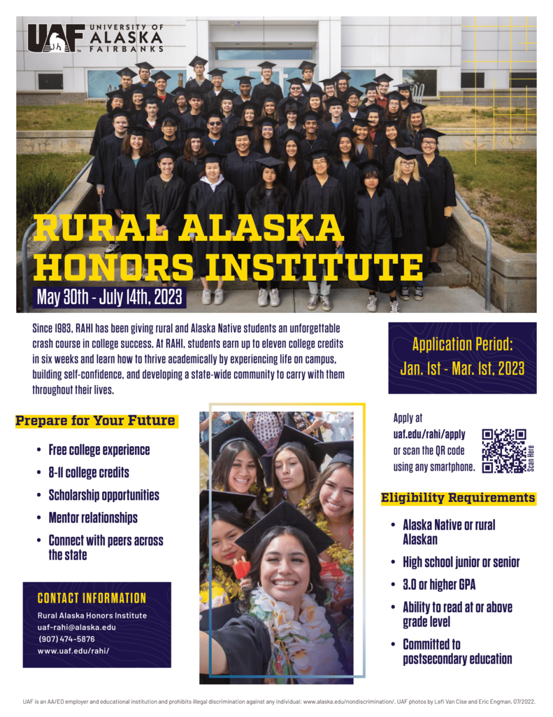 flyers with College Horizons and Rural Alaska Honors Institute information.  Links to pdf in text.