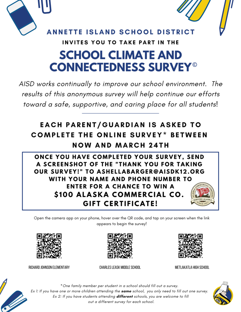 flyer with school climate survey, school supplies, and qr codes