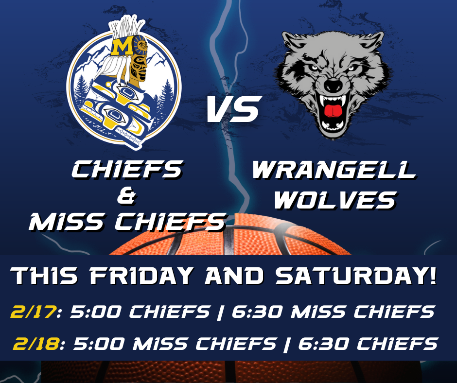 graphic with basketball, lightning, Chiefs logo of man in regalia, Wrangell logo of wolf, info about games in description