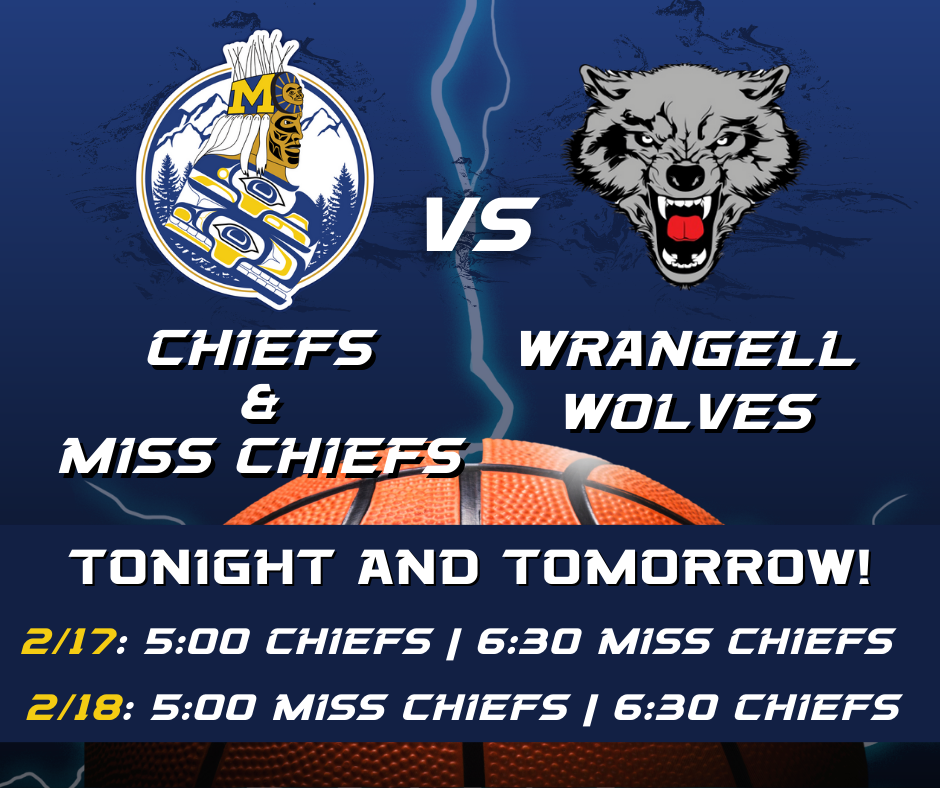 graphic with chiefs logo of man in regalia, Wrangell logo of wolf, basketball and lightning