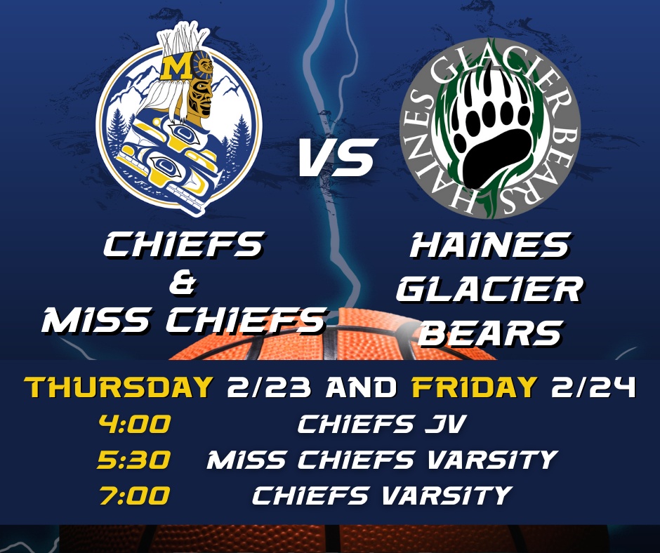graphic with basketball, lightning, and logos of MHS and Haines Glacier bear of paw print