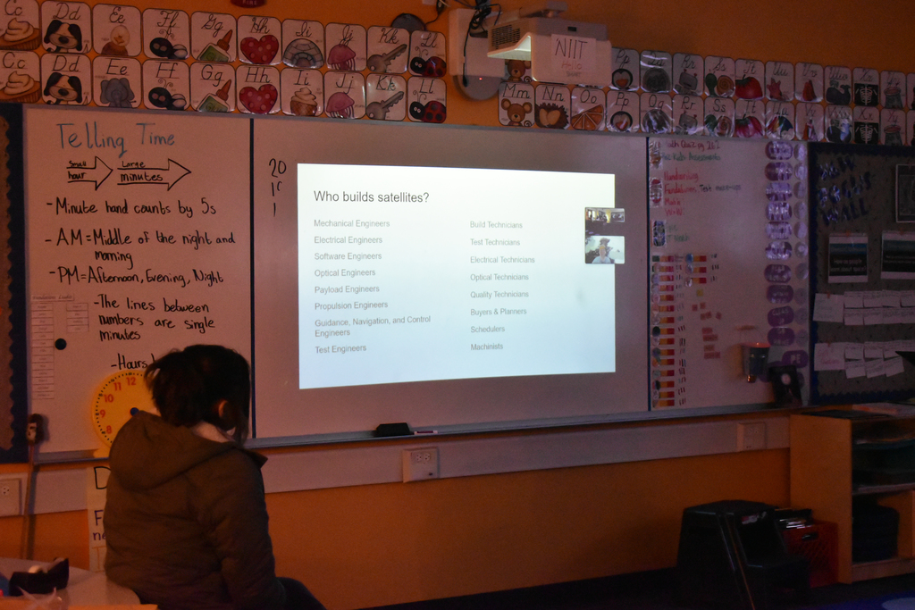 a projector screen with "who builds satellites?" on it