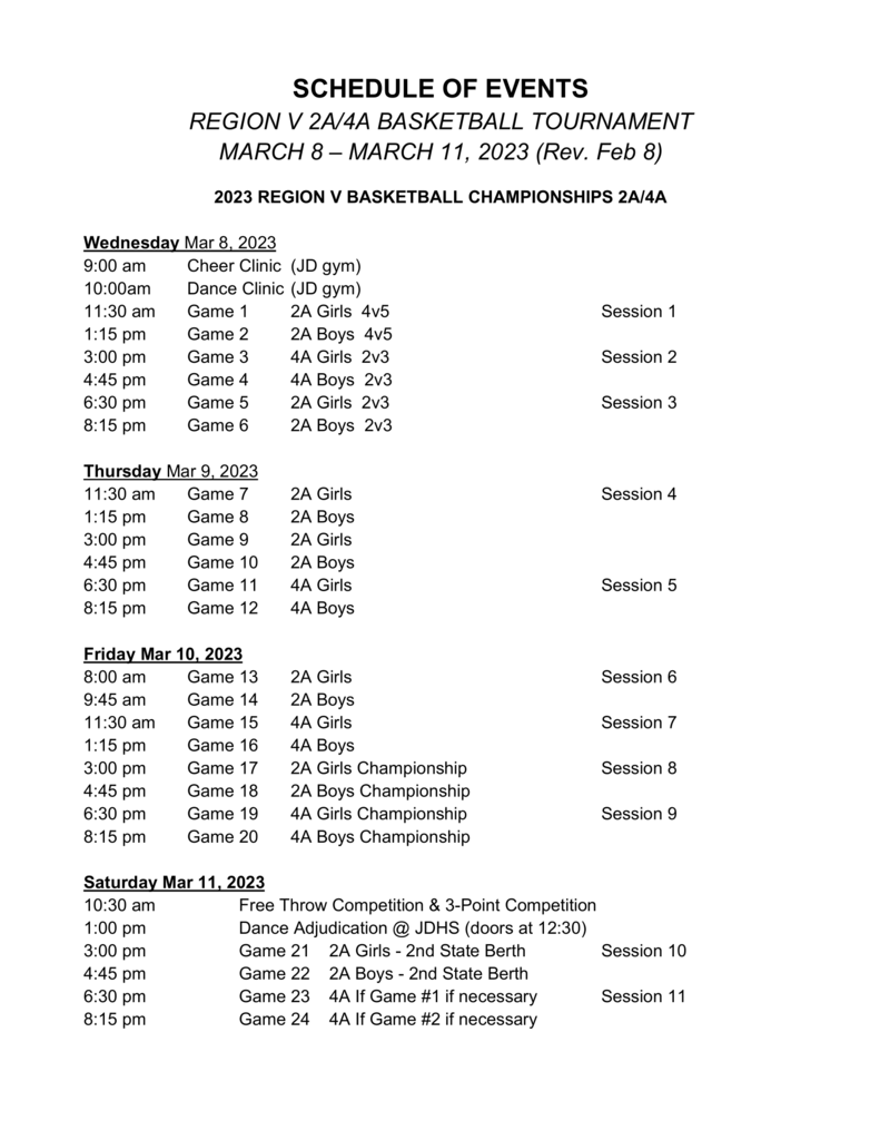 schedule for region v basketball tournament