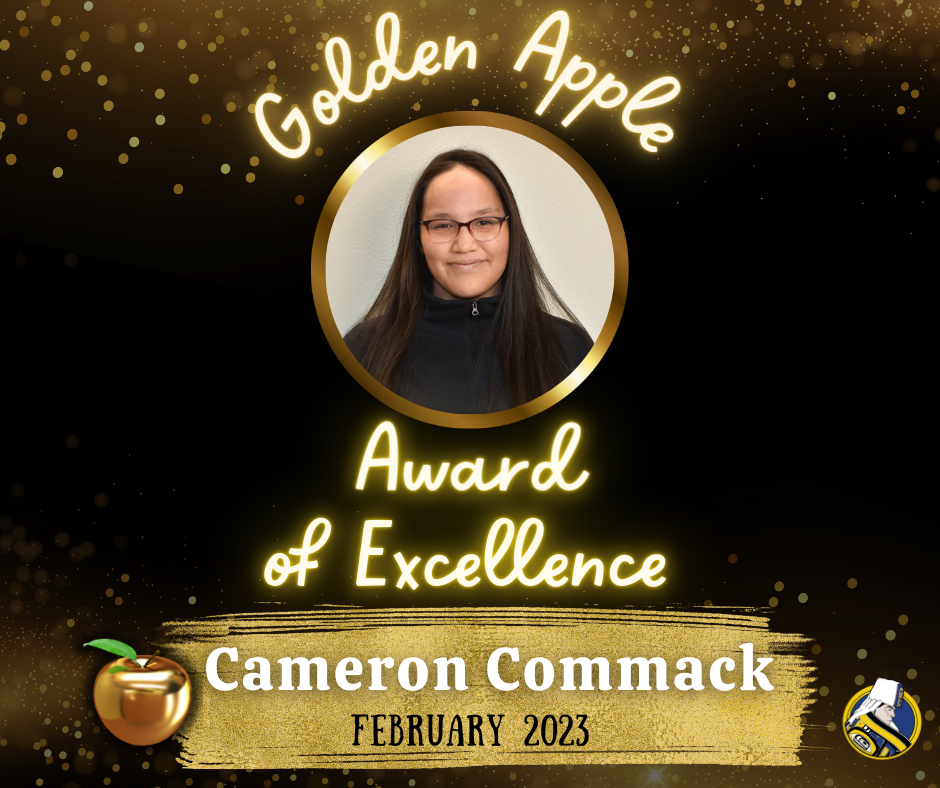 graphic with woman smiling and golden apple award of excellence
