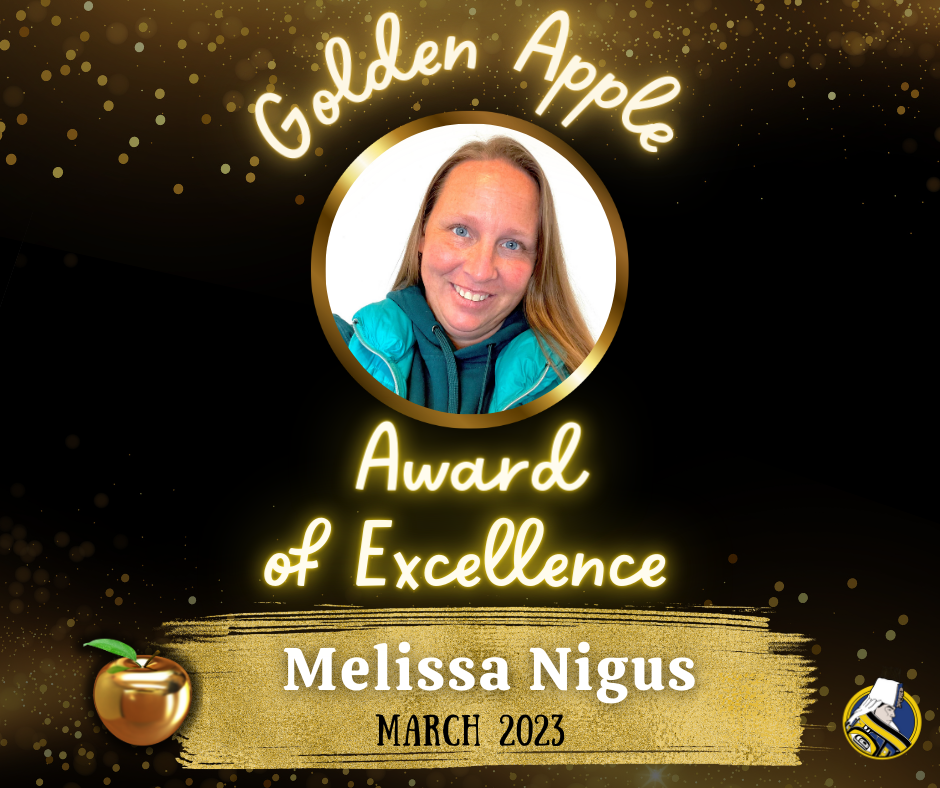 graphic with woman smiling and golden apple award of excellence, glitter, AISD logo