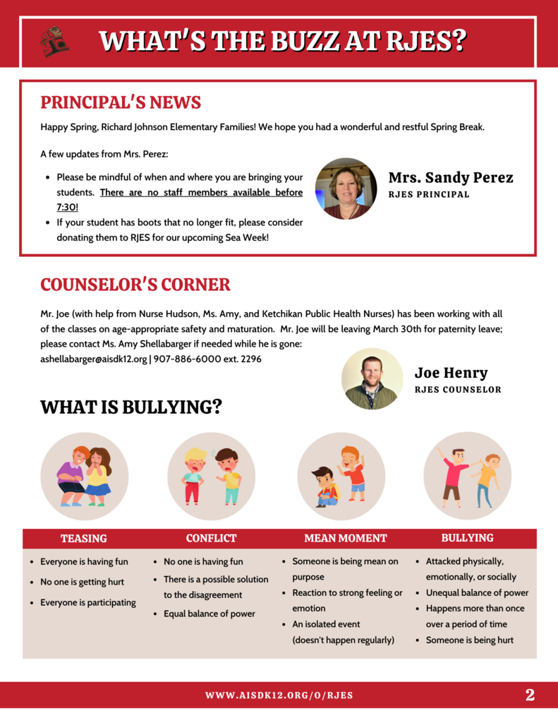 RJES newsletter.  PDF available in text. graphic of bullying, picture of man and woman