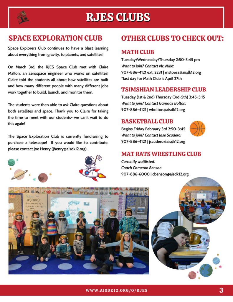 RJES newsletter.  PDF available in text. picture of students in space helmets