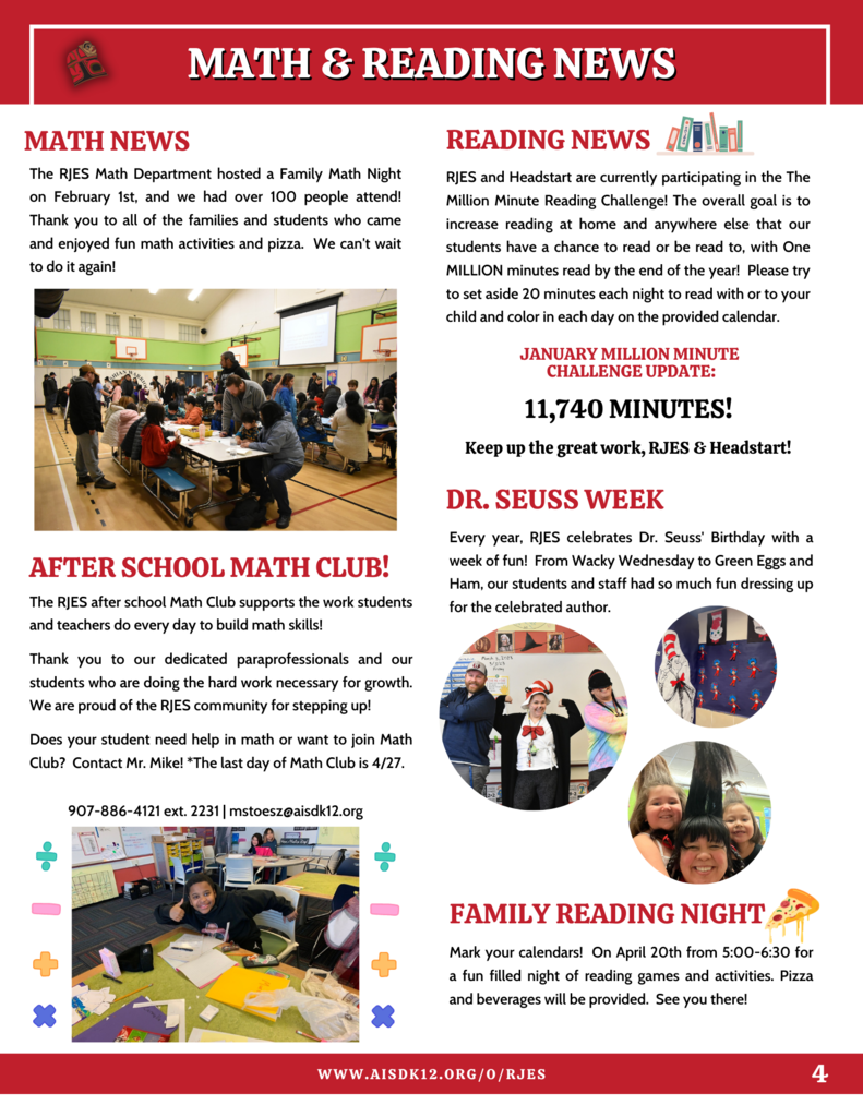RJES newsletter. PDF available in text. picture of families in school gym, student working on math, teachers and students posing with crazy hair and hats.