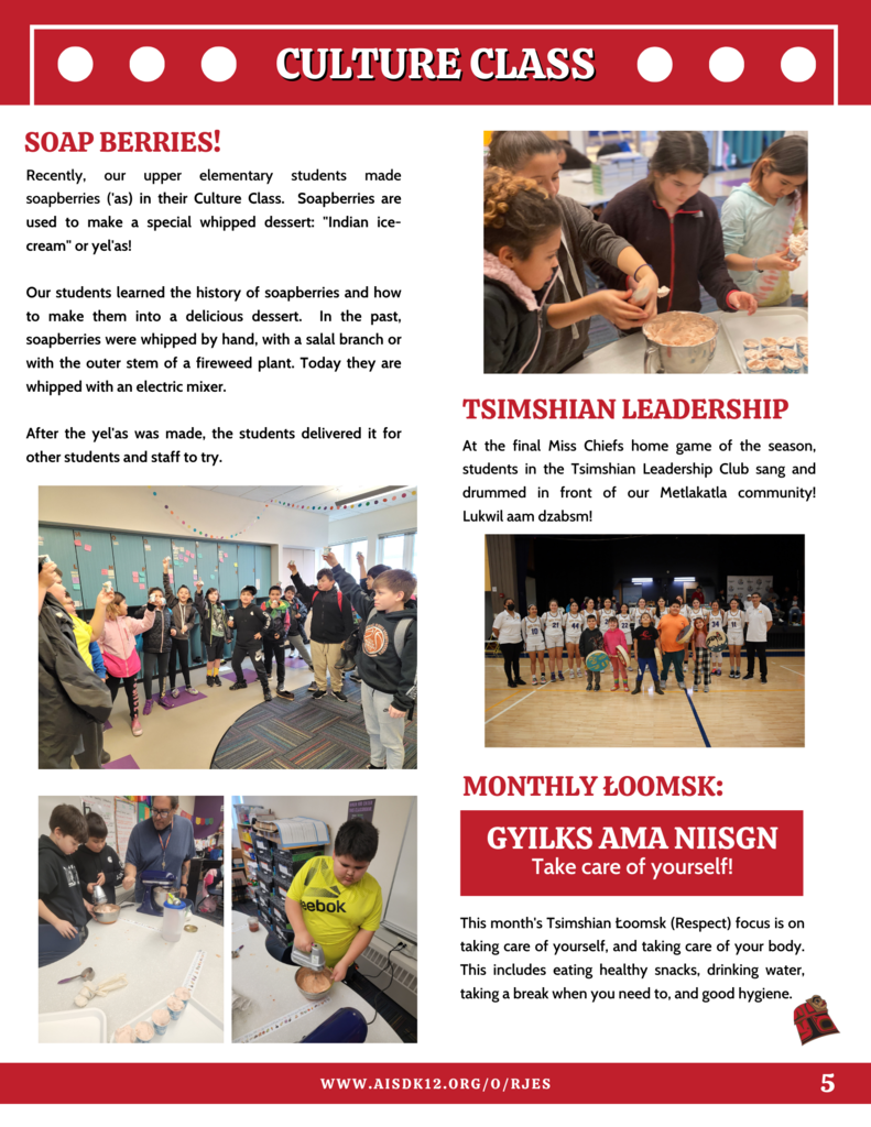 RJES newsletter.  PDF available in text. students holding up berries, students posing with basketball team
