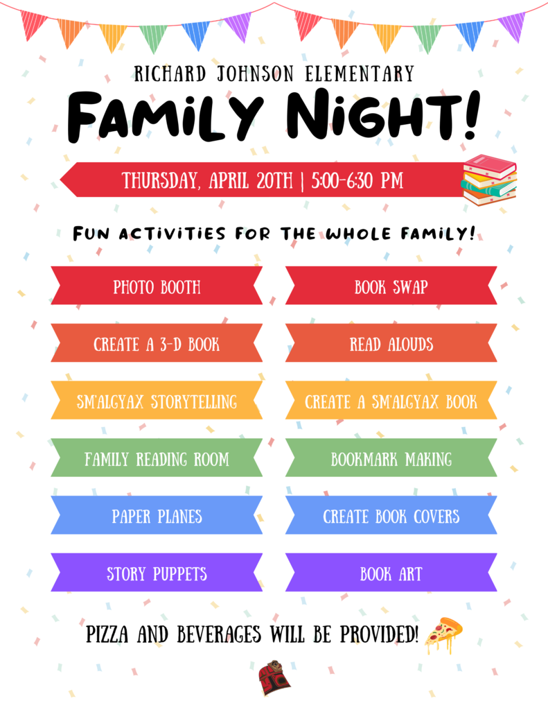 flyer with information about the RJES Family Night 4/20 5-6:30 pm and various activities.  Pennant banner, confetti and boxes in rainbow colors