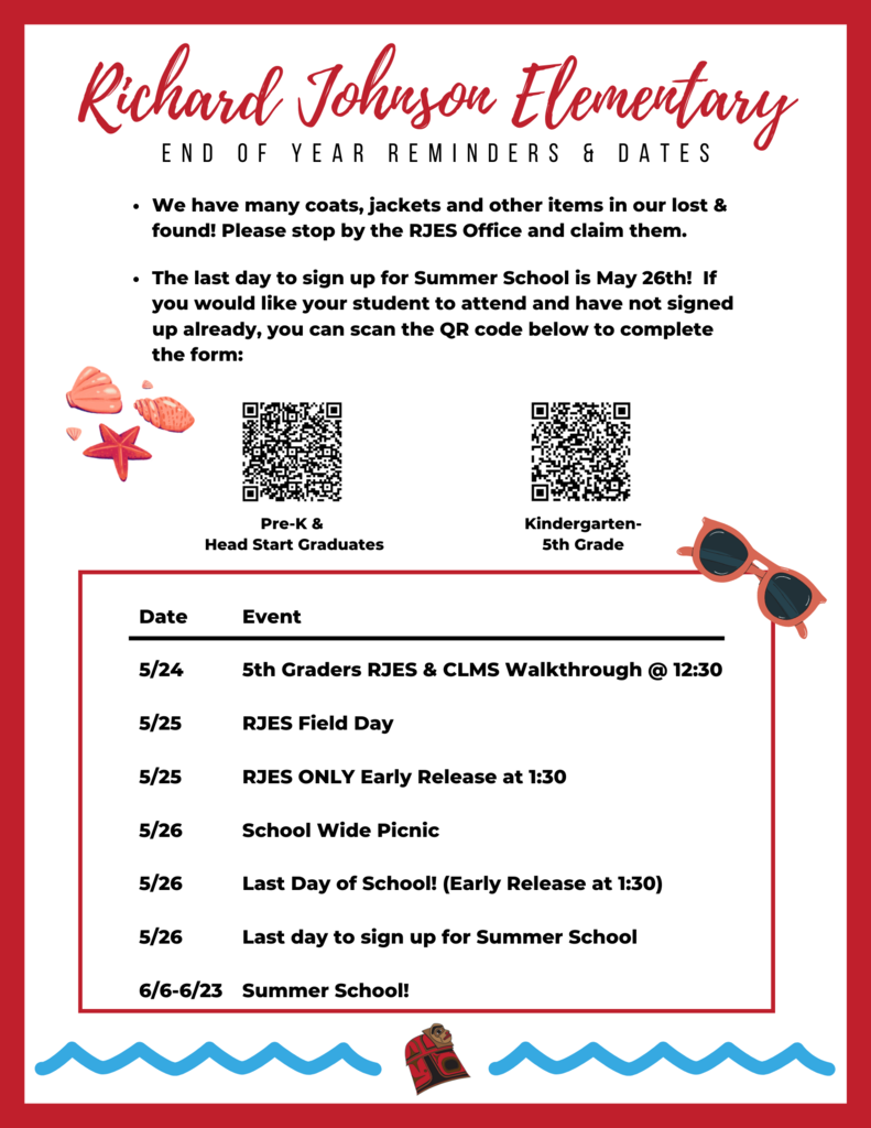 graphic with upcoming dates for this week and qr codes to join summer school