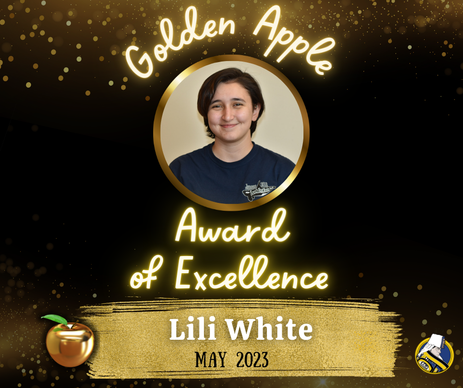 graphic with woman smiling, golden apple award and gold glitter