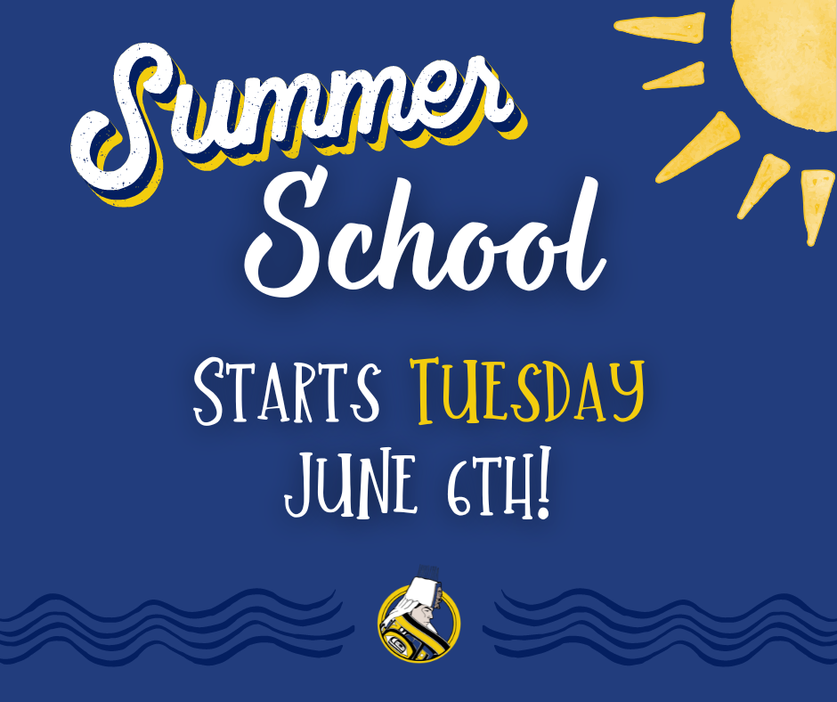 graphic with summer school info, sun and waves, aisd logo of man in regalia