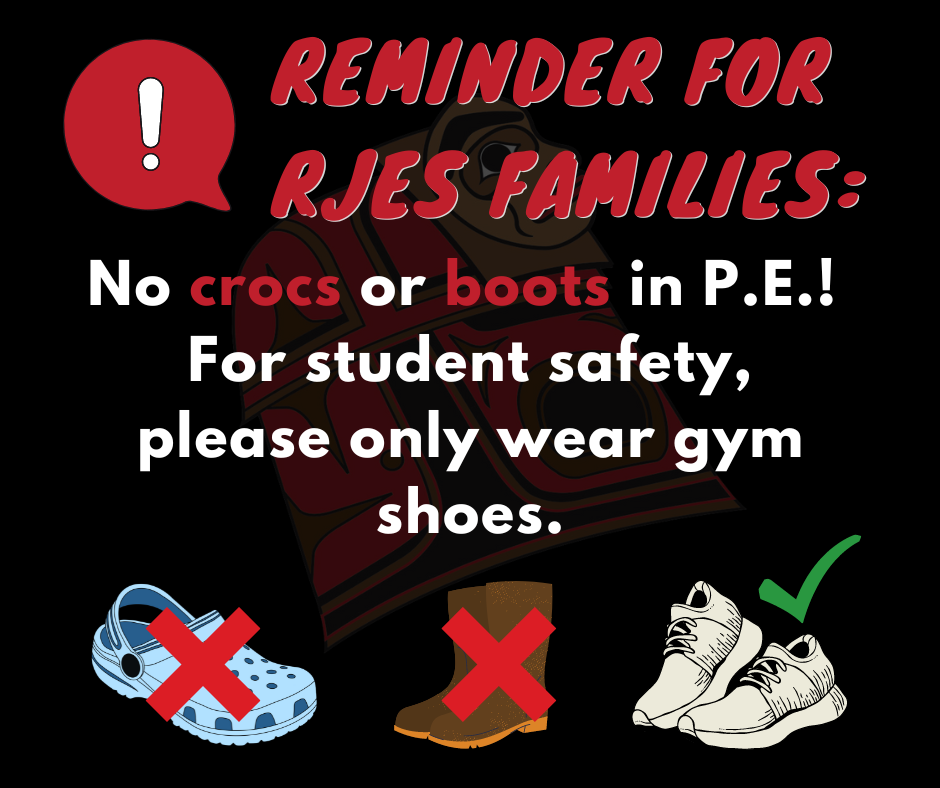 graphic with reminder to not wear crocs or boots in PE.