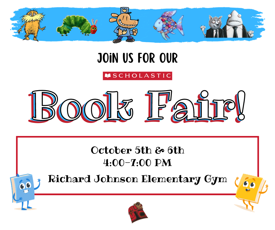 graphic with book characters and info about book fair. Details in post.