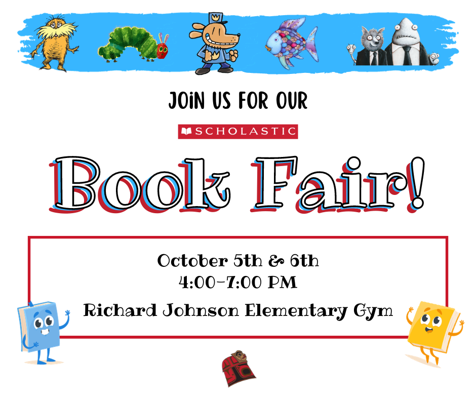 graphic with book characters and info about book fair.  Details in post.