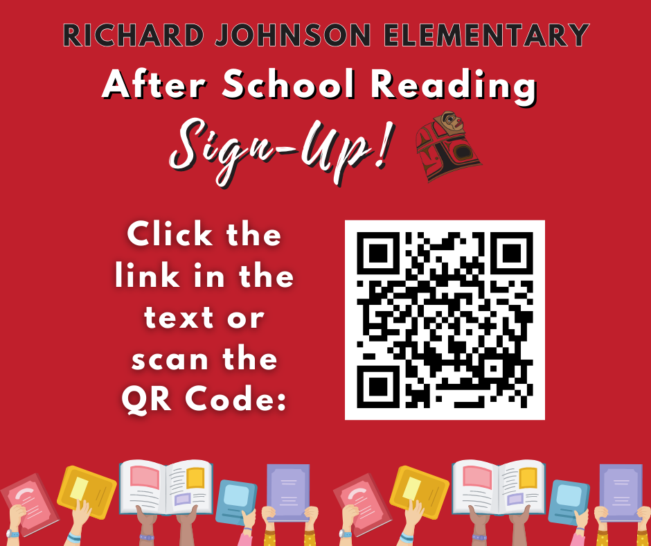 graphic with books, RJES logo of copper shield, qr code