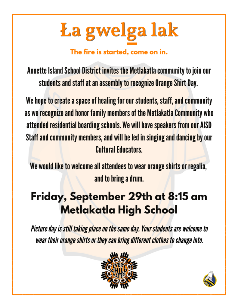 flyer for orange shirt day.  Orange shirt graphic with every child matters logo.